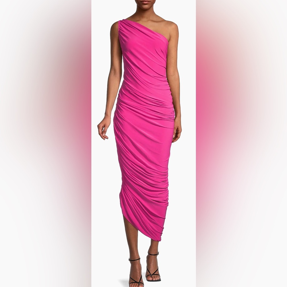 Norma Kamali Diana Ruched One-Shoulder Gown Barbie Pink Rose Small Wedding Guest